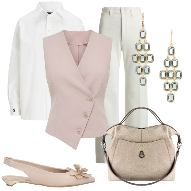Outfit donna - Total look #2469211. Stile Urban per Ufficio. Abbinamento con ballerine, gilet, borse a mano, camicie, pantaloni, orecchini.
