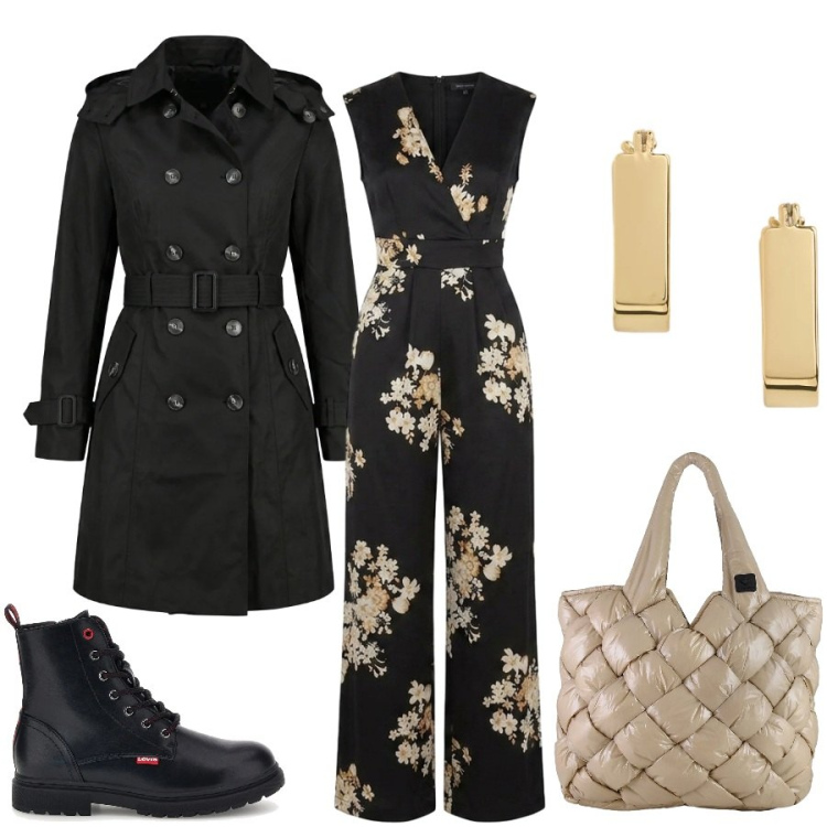 Outfit donna - Martina. Stile Glamour per Serata fuori. Abbinamento con borse tote, tute, trench, orecchini, anfibi.