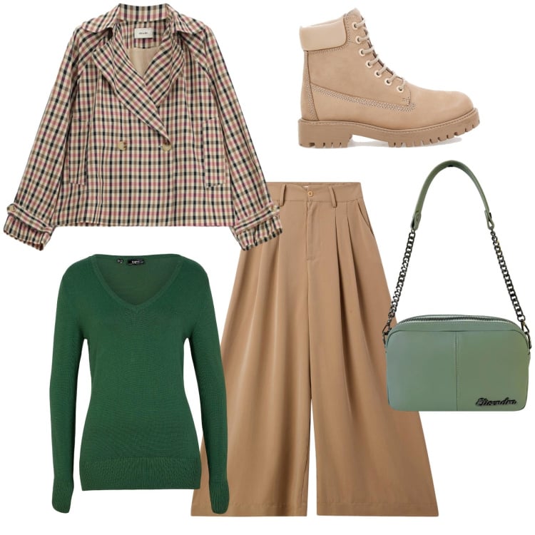 Outfit donna - Verde e cammello. Stile Casual per Tutti i giorni. Abbinamento con maglieria, giacche, pantaloni, borse a tracolla, stivaletti.