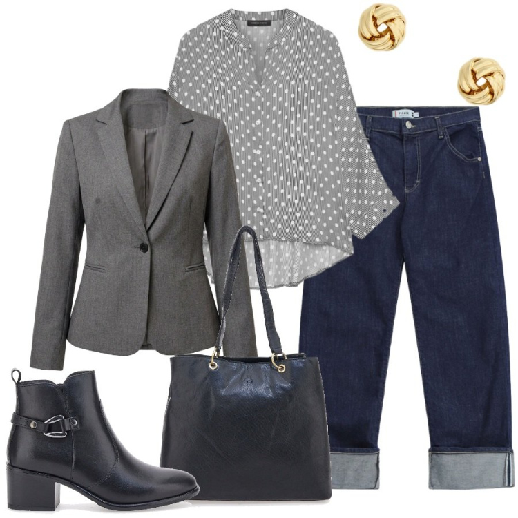Outfit donna - Claudia. Stile Glamour per Tutti i giorni. Abbinamento con jeans dritti, camicie, blazer, orecchini, stivaletti, shopping bag.