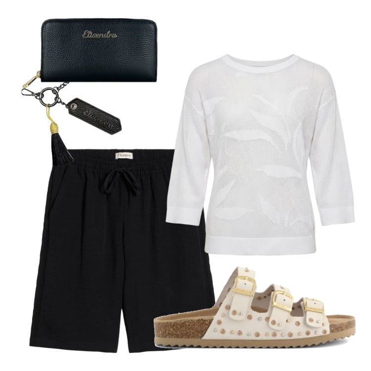 Outfit donna - Settembre. Stile Minimal per Tutti i giorni. Abbinamento con bermuda, maglieria, portachiavi, portafogli, sandali.