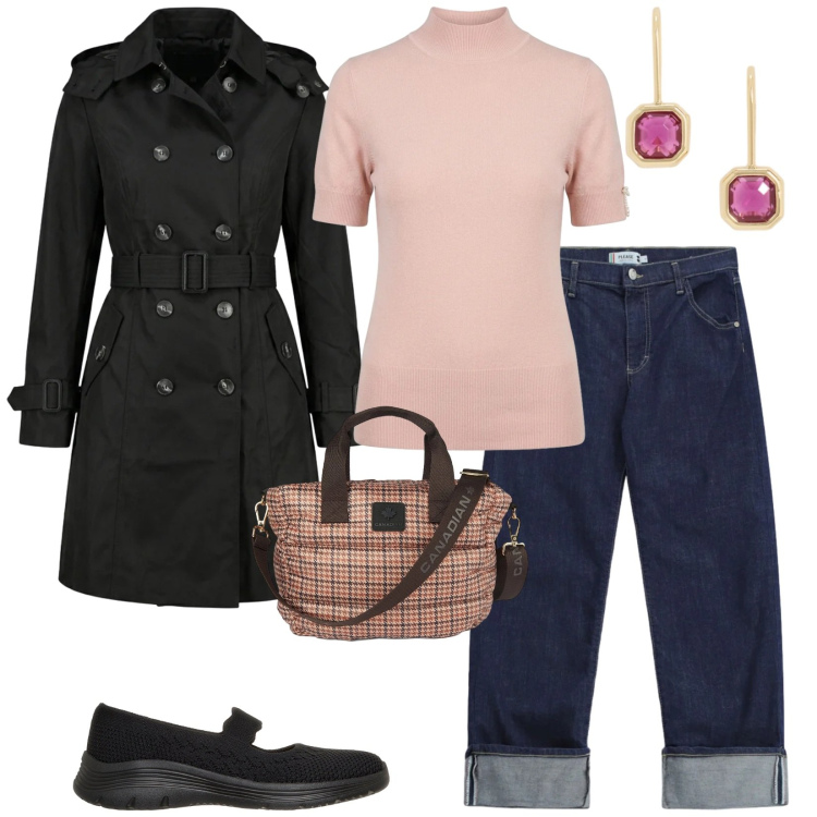 Outfit donna - Primo giorno di scuola. per Scuola/Università. Abbinamento con jeans dritti, borse tote, trench, t-shirt, orecchini, ballerine.