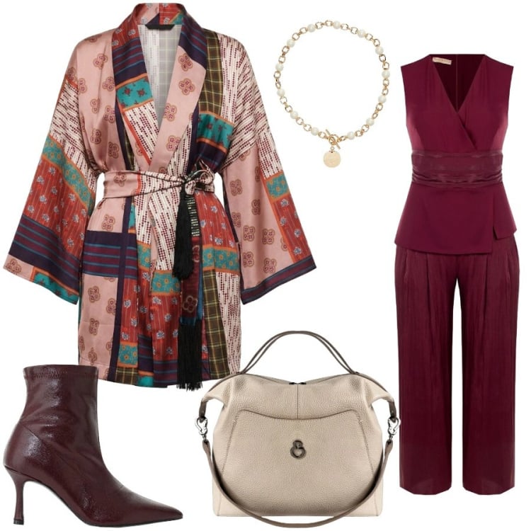 Outfit donna - Pamela. Stile Glamour per Tutti i giorni. Abbinamento con kimono, stivaletti, tute, borse a mano, collane.
