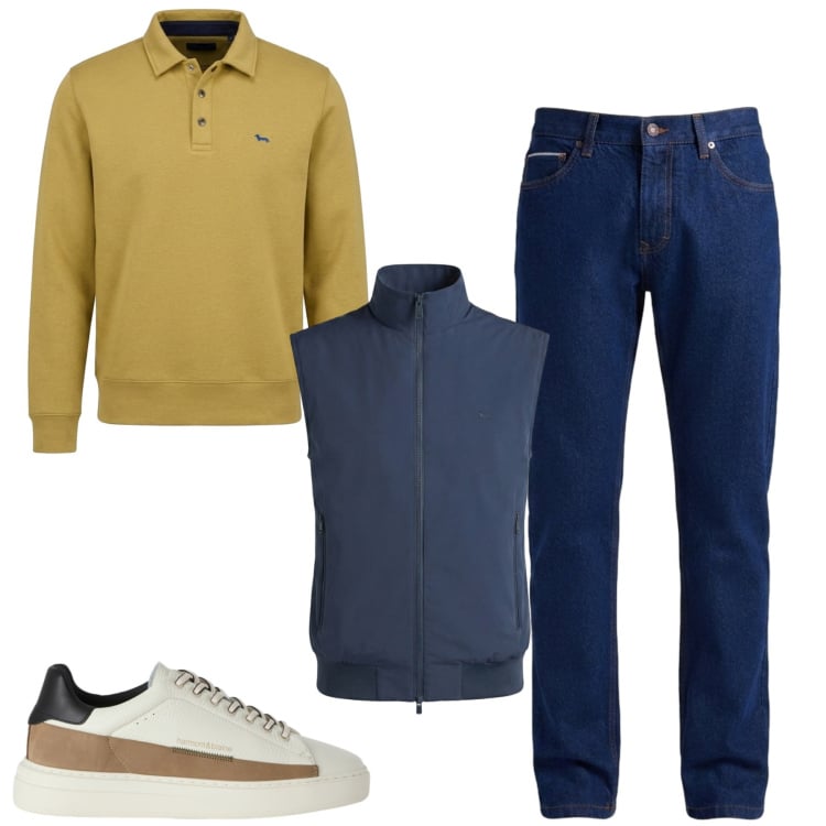 Outfit uomo - Fall. Stile Casual per Tutti i giorni. Abbinamento con gilet, jeans, sneakers, felpe.