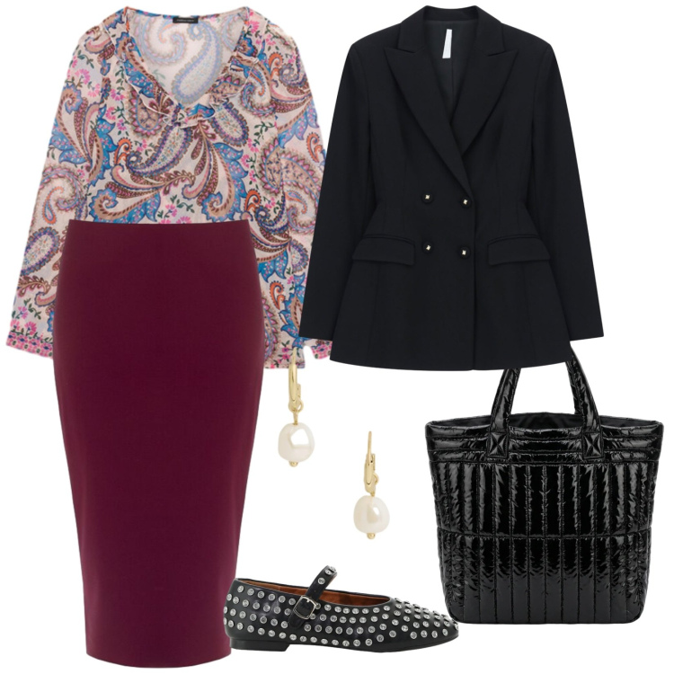 Outfit donna - Con le amiche. per Tutti i giorni. Abbinamento con blazer, ballerine, gonne longuette, bluse, borse a mano, orecchini.