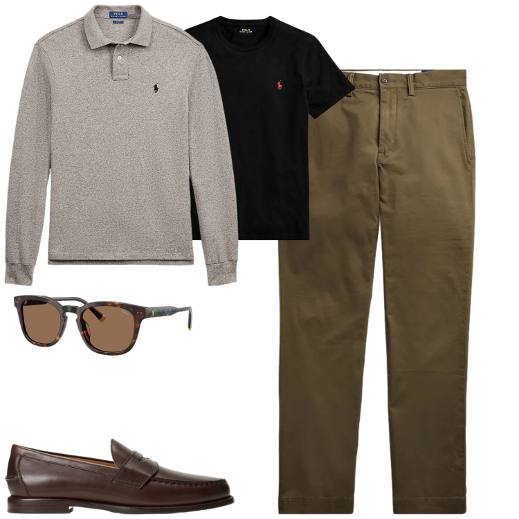 Outfit uomo - City. Stile Urban per Tutti i giorni. Abbinamento con polo, t-shirt, scarpe stringate, pantaloni, occhiali da sole.
