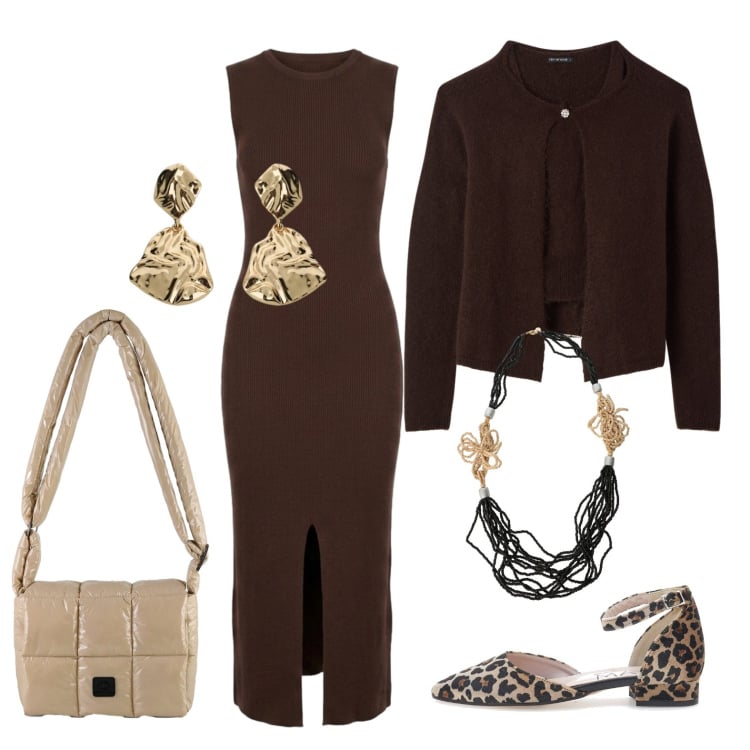 Outfit donna - Il completo in maglia. Stile Bon Ton per Ufficio. Abbinamento con orecchini, collane, cardigans, borse a spalla, vestiti midi/longuette, ballerine.