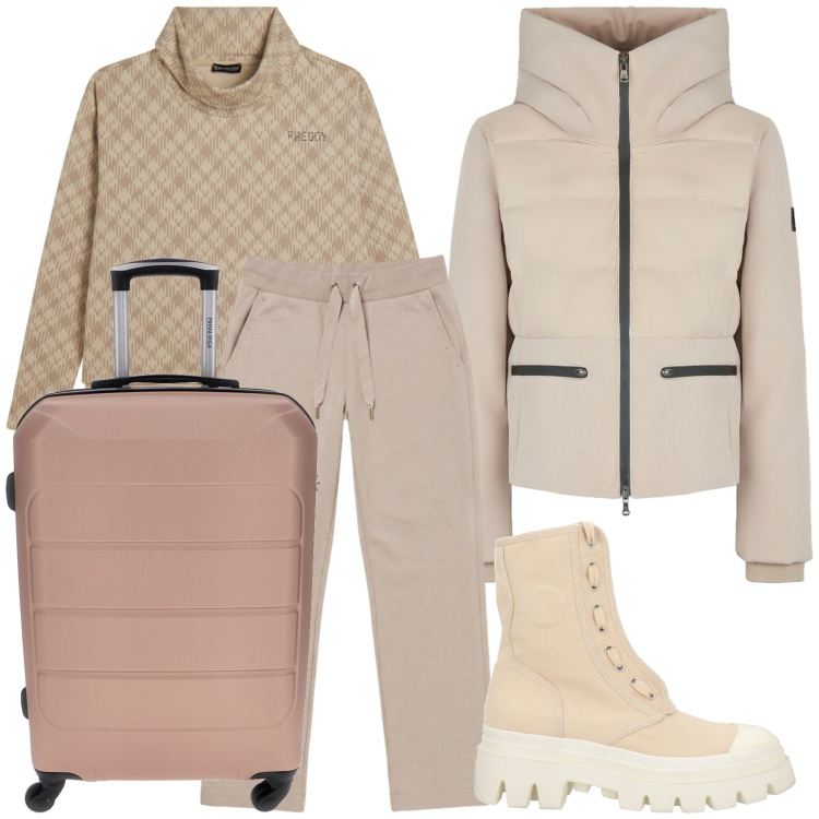 Outfit donna - Toni neutri. Stile Casual per Tutti i giorni. Abbinamento con stivaletti, felpe, pantaloni, piumini, valigie.