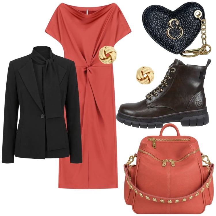 Outfit donna - Borsa color kaki. Stile Casual per Tutti i giorni. Abbinamento con vestiti midi/longuette, zaini, portachiavi, blazer, orecchini, anfibi.