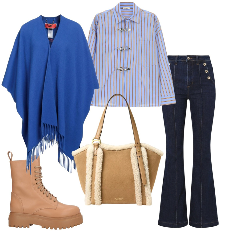 Outfit donna - La mantella sulla camicia rigata. Stile Casual per Tutti i giorni. Abbinamento con cappe, stivaletti, camicie, jeans a zampa, borse tote.