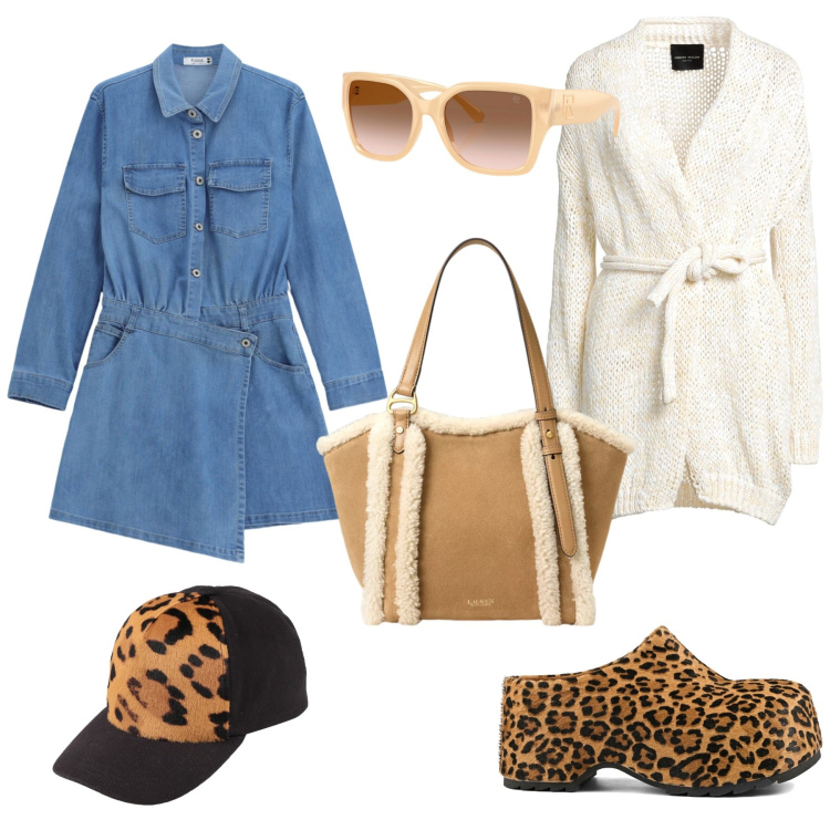 Outfit donna - Total look #2469236. Stile Casual per Scuola/Università. Abbinamento con occhiali da sole, borse tote, vestiti chemisier, cardigans, cappelli con visiera, zoccoli.