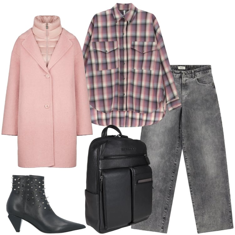 Outfit donna - Cappotto bon ton e camicia casual. Stile Casual chic per Ufficio. Abbinamento con stivaletti, zaini, camicie, jeans, cappotti.
