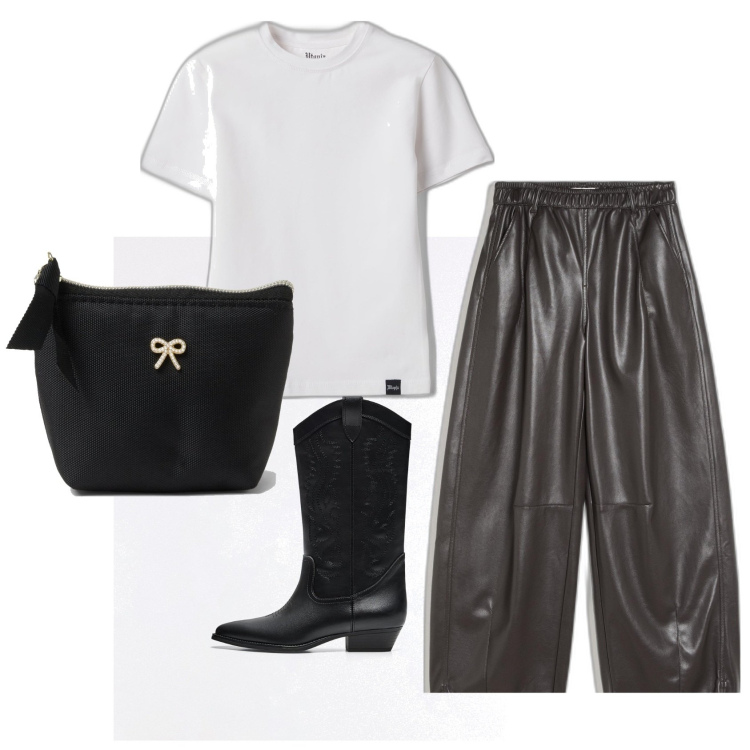 Outfit mujer - Trendy. Estilo Trendy para Todos los días. Combinación con pochette, pantalones, camiseta, botines.