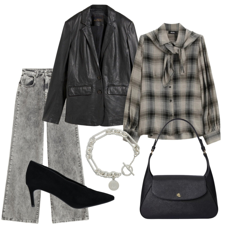 Outfit donna - Blazer in pelle e camicia con fiocco. Stile Sporty chic per Ufficio. Abbinamento con décolleté, blazer, jeans, camicie, braccialetti, borse a spalla.