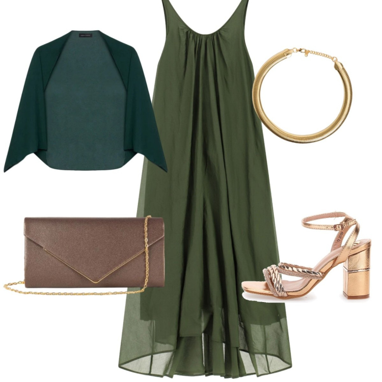 Outfit donna - Aperitivo. Stile Glamour Abbinamento con vestiti lunghi, clutch, blazer, collane, sandali col tacco.
