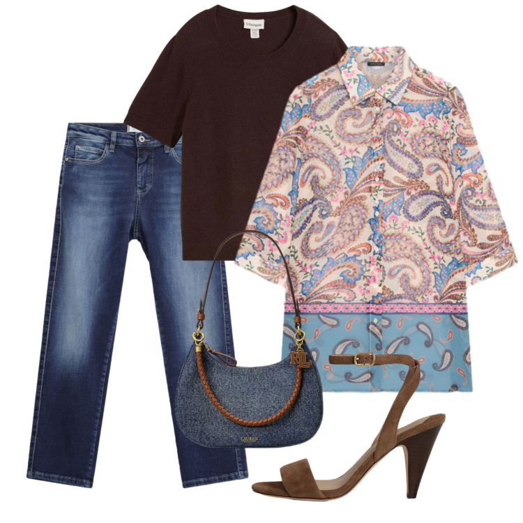 Outfit donna - Settembre. Stile Casual chic per Tutti i giorni. Abbinamento con t-shirt, jeans dritti, camicie, borse a spalla, sandali in pelle.