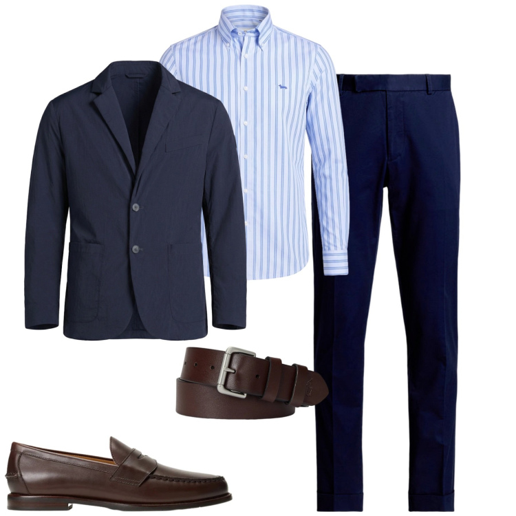 Outfit uomo - Business. Stile Business/Elegante per Tutti i giorni. Abbinamento con giacche, camicie, cinture, pantaloni chino, scarpe stringate.