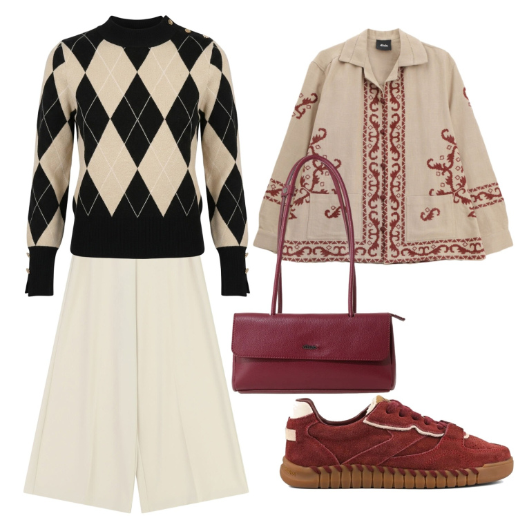 Outfit donna - Total look #2469249. Stile Casual per Ufficio. Abbinamento con pantaloni a palazzo, cappotti, borse a spalla, pullovers, sneakers.