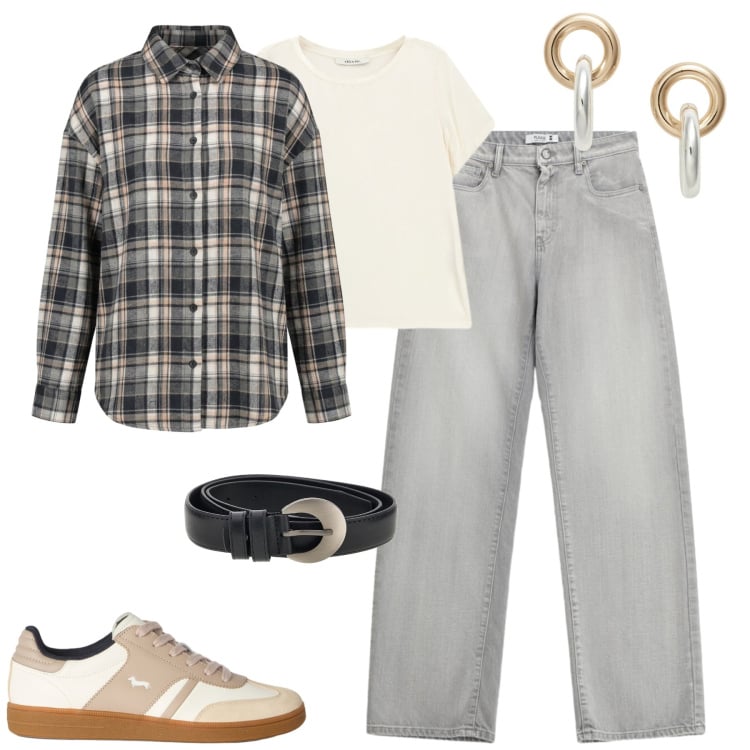 Outfit donna - Settembre. Stile Casual per Tutti i giorni. Abbinamento con sneakers, t-shirt, jeans, camicie, orecchini, cinture.