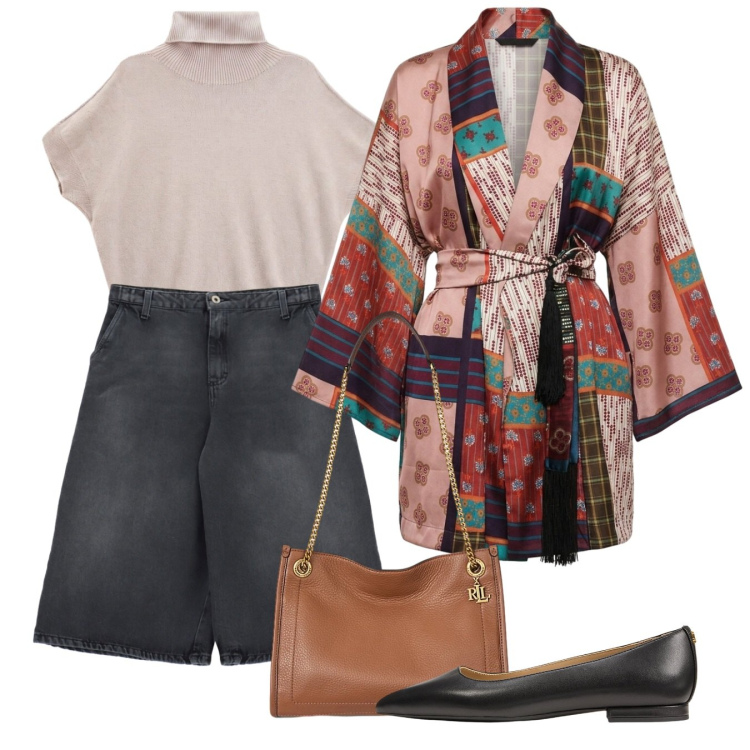 Outfit donna - Kimono e bermuda. Stile Chic per Tutti i giorni. Abbinamento con kimono, t-shirt, bermuda, borse tote, ballerine.