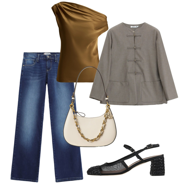 Outfit donna - Settembre. Stile Casual chic per Tutti i giorni. Abbinamento con décolleté, jeans dritti, blazer, borse a spalla, top.