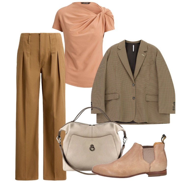 Outfit donna - Settembre. Stile Bon Ton per Tutti i giorni. Abbinamento con stivaletti chelsea, blazer, borse a mano, t-shirt, pantaloni.