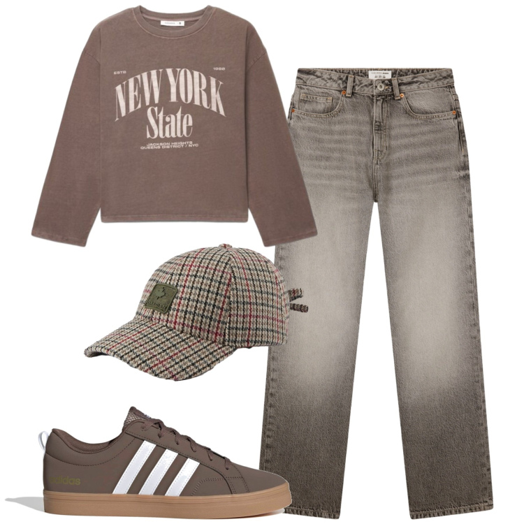 Outfit donna - College mania. Stile Casual per Tutti i giorni. Abbinamento con t-shirt, jeans dritti, cappelli con visiera, sneakers.