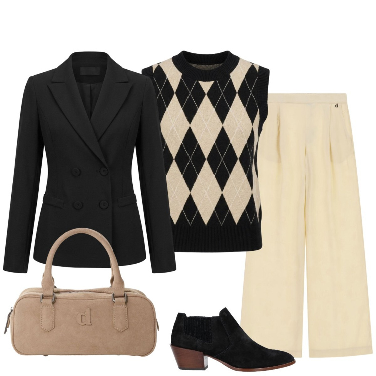 Outfit donna - Stile Brit. Stile Trendy per Tutti i giorni. Abbinamento con stivaletti, borse a mano, pantaloni a palazzo, blazer, maglieria.