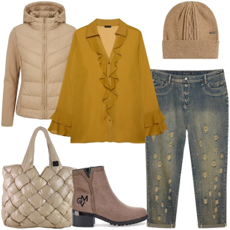 Outfit donna - Ocra. Stile Casual chic per Tutti i giorni. Abbinamento con berretti, bluse, jeans strappati, borse tote, piumini, stivaletti.
