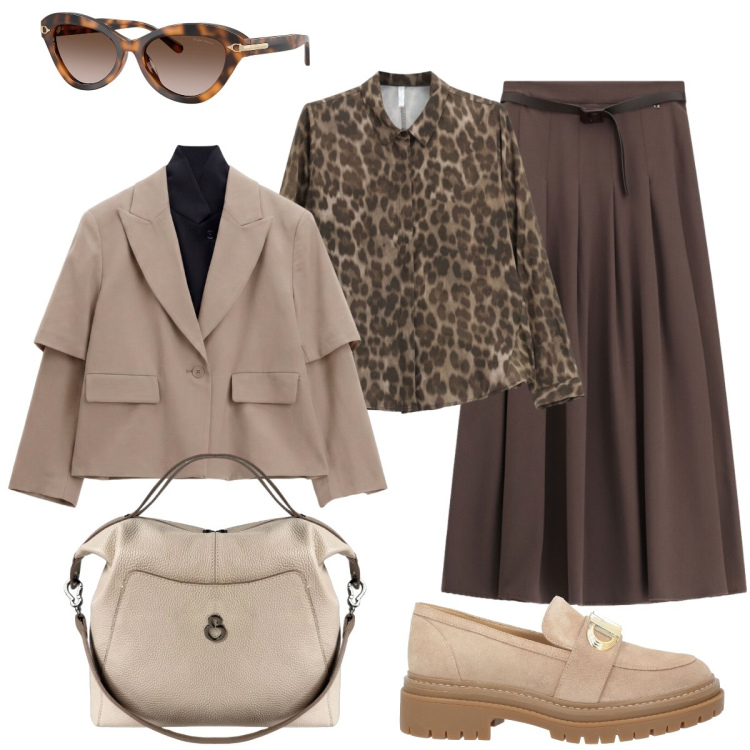 Outfit donna - In città. Stile Chic per Tutti i giorni. Abbinamento con mocassini, blazer, camicie, gonne lunghe, borse a mano, occhiali da sole.
