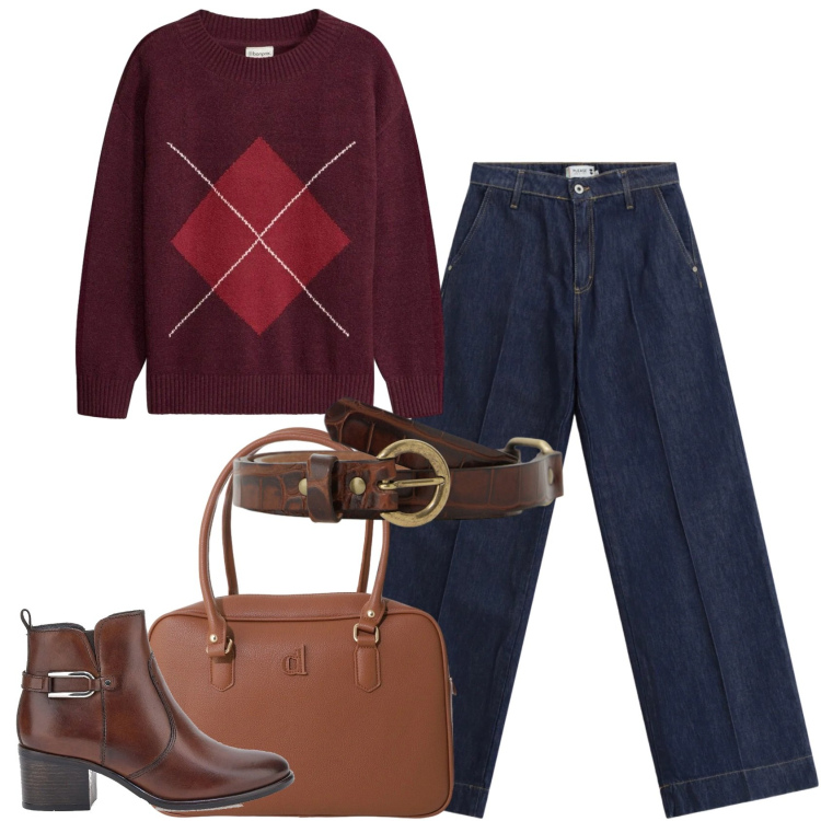 Outfit donna - Fall Collections. Stile Basic per Tutti i giorni. Abbinamento con maglieria, jeans dritti, cinture, borse a mano, stivaletti.