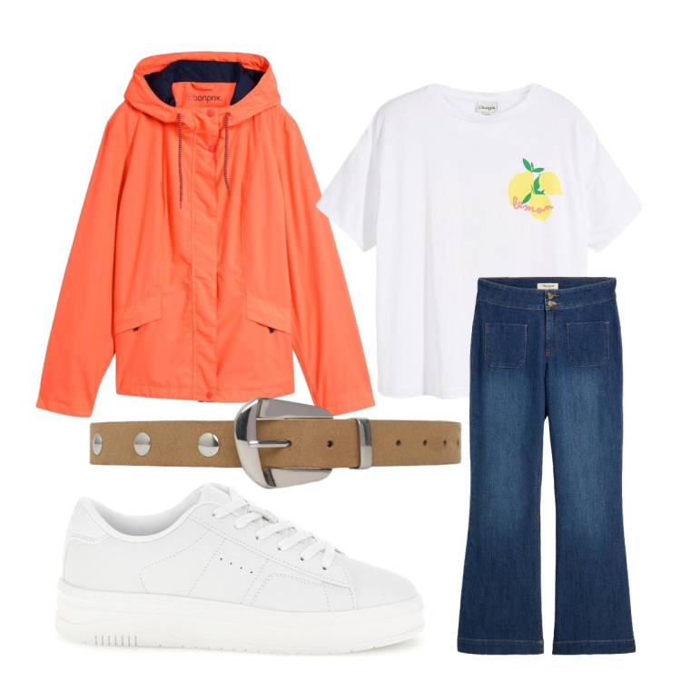 Outfit donna - Settembre. Stile Casual per Tutti i giorni. Abbinamento con t-shirt, jeans a zampa, blazer, cinture, sneakers.