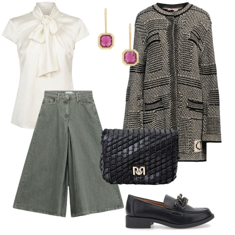 Outfit donna - Di giovedì. per Tutti i giorni. Abbinamento con cappotti, borse a tracolla, pantaloni, camicie, orecchini, mocassini.