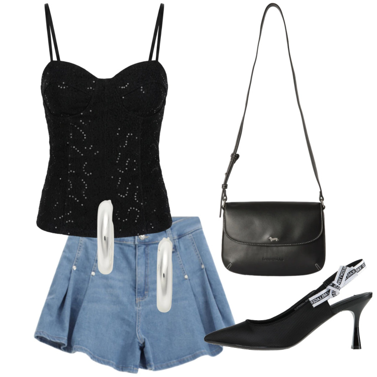 Outfit donna - Total look #2469277. Stile Glamour per Serata fuori. Abbinamento con décolleté, borse a tracolla, shorts, top, orecchini.
