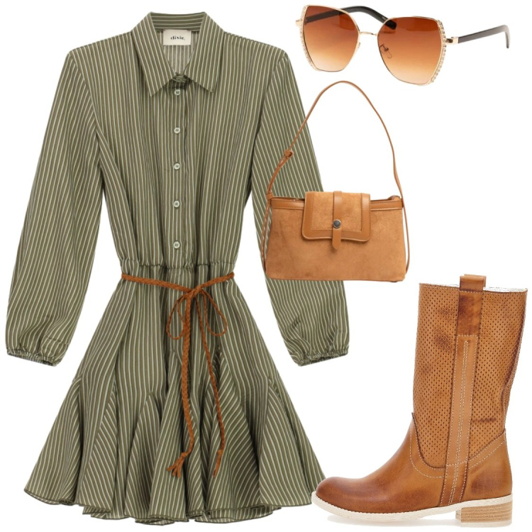 Outfit donna - Anche per tutti i giorni. Stile Chic per Tutti i giorni. Abbinamento con vestiti corti, borse a tracolla, occhiali da sole, anfibi.