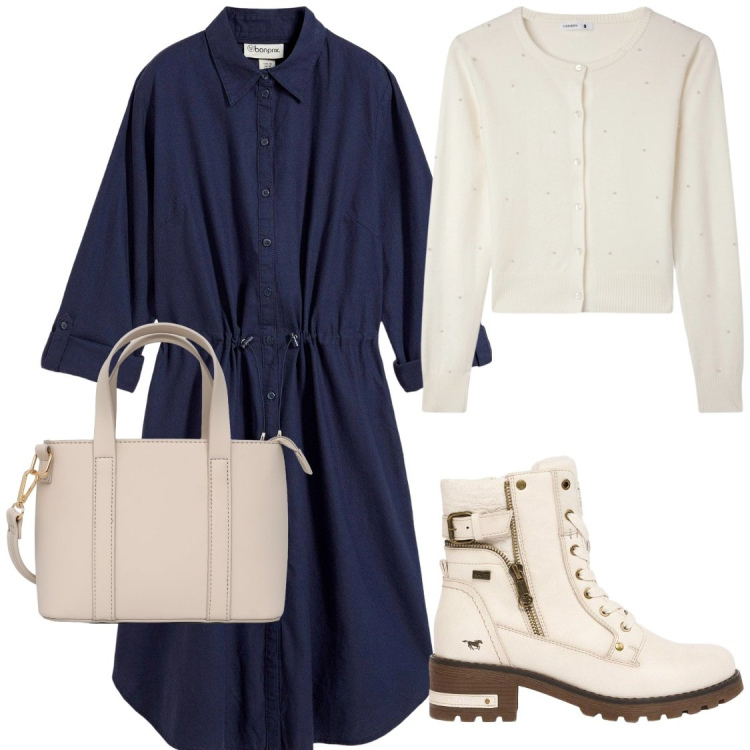 Outfit donna - City look. Stile Chic per Tutti i giorni. Abbinamento con vestiti chemisier, stivaletti, borse a tracolla, cardigans.