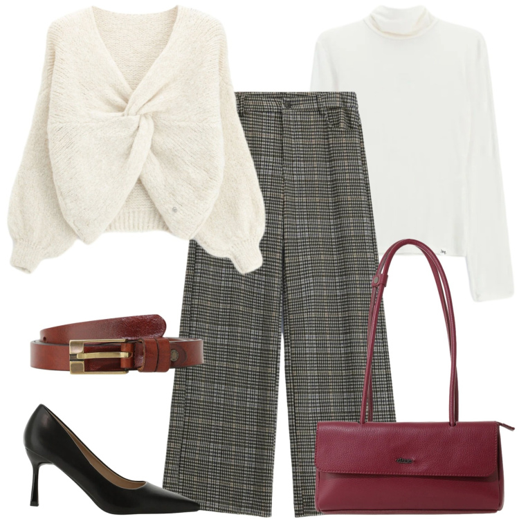 Outfit donna - Tartan & Fall Colors. Stile Casual chic per Ufficio. Abbinamento con t-shirt, décolleté, borse a spalla, cinture, pantaloni, maglieria.