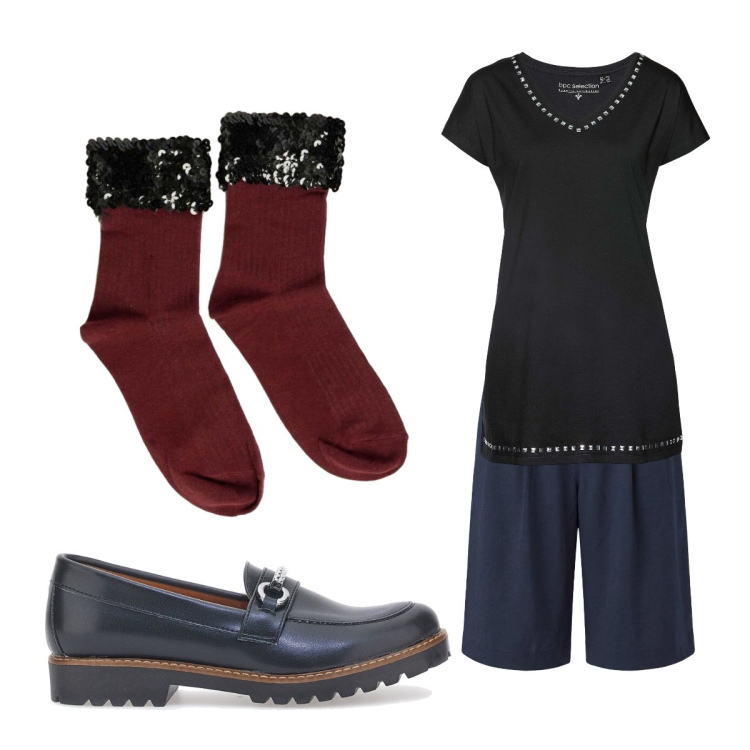 Outfit donna - Paillettes e borchiette. Stile Trendy per Tutti i giorni. Abbinamento con bermuda, t-shirt, calzini, mocassini.