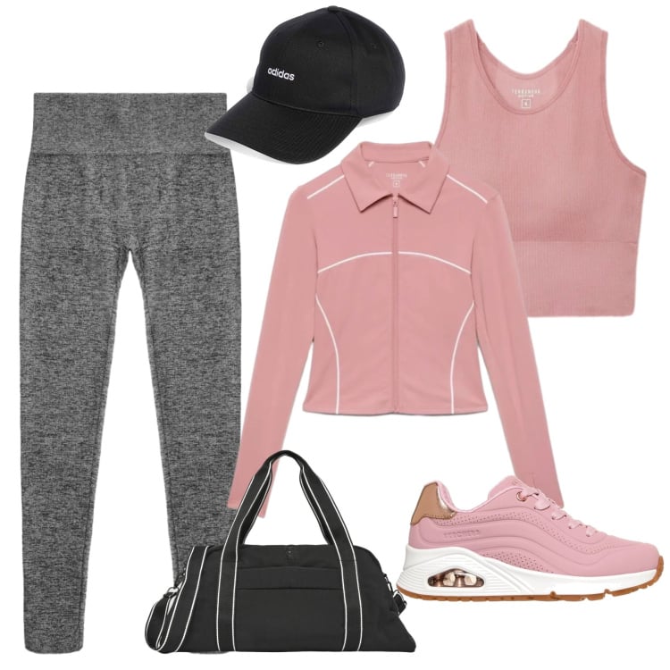 Outfit donna - Palestra bonton. Stile Sporty chic per Sport. Abbinamento con felpe sportive, borse sportive, top sportivi, leggings sportivo, sneakers alte, cappelli con visiera.