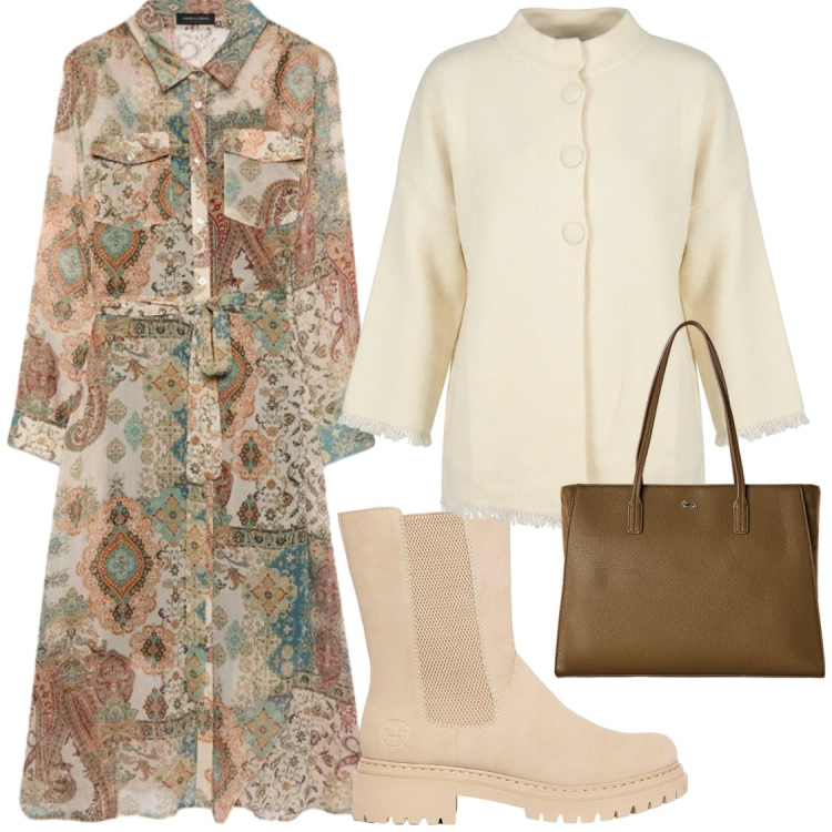Outfit donna - Total look #2469296. Stile Chic per Ufficio. Abbinamento con stivaletti, shopping bag, vestiti chemisier, cardigans.