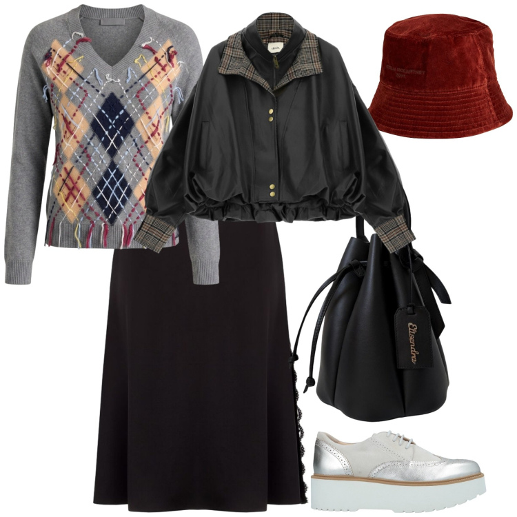 Outfit donna - Gita all\' lago. per Tutti i giorni. Abbinamento con scarpe stringate, cappelli, maglieria, giacche, gonne longuette, borse a secchiello.