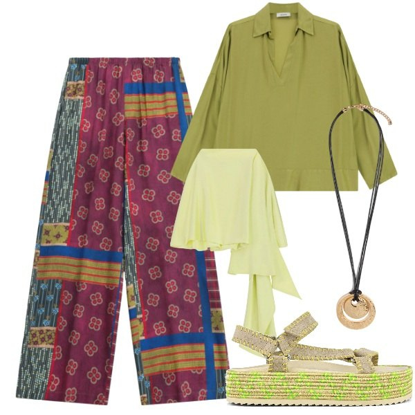 Outfit donna - Yoga time. Stile Sporty chic per Sport. Abbinamento con scialli, pantaloni a palazzo, camicie, ciondoli, sandali.