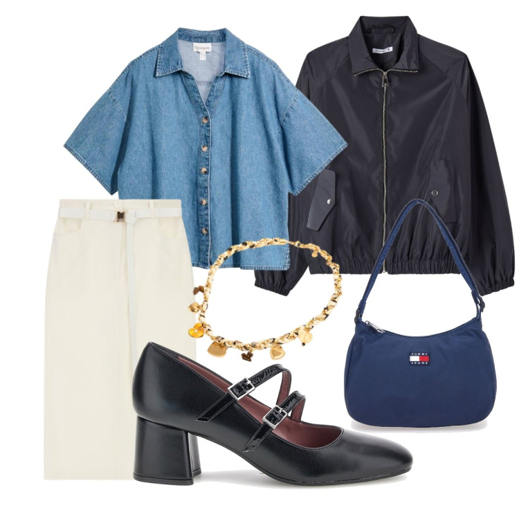 Outfit donna - Back to the 90s. Stile Trendy per Ufficio. Abbinamento con camicie a manica corta, gonne longuette, bomber, collane, borse a spalla, décolleté.