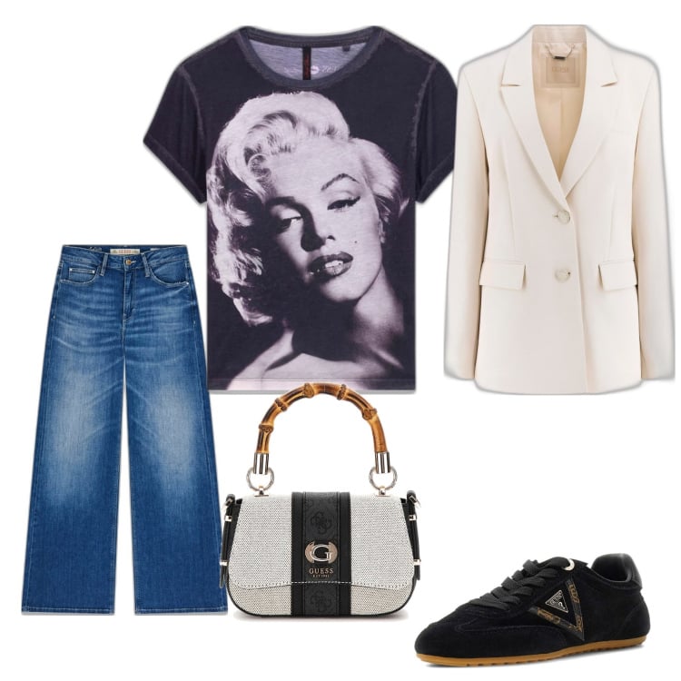 Outfit mujer - Casual #8362. Estilo Casual para Todos los días. Combinación con camiseta, sneakers, blazers, bolsos de mano, vaqueros pata de elefante.