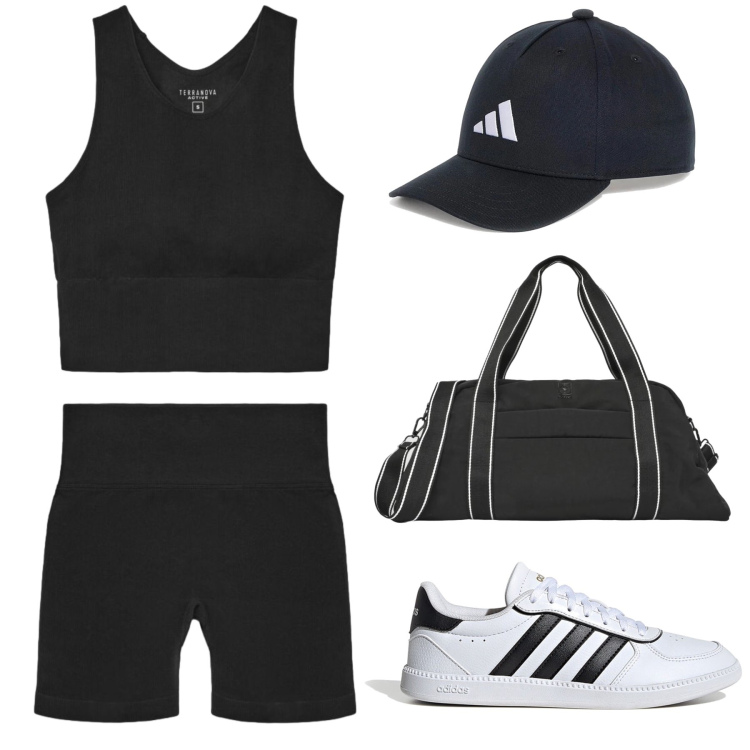 Outfit donna - Back to the gym. Abbinamento con borse sportive, leggings sportivo, top sportivi, cappelli con visiera, sneakers.