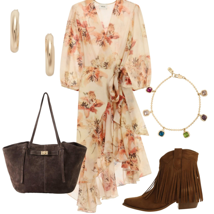 Outfit donna - Fiore e Cacao. Stile Boho per Tutti i giorni. Abbinamento con shopping bag, stivaletti texani, vestiti midi/longuette, orecchini, braccialetti.