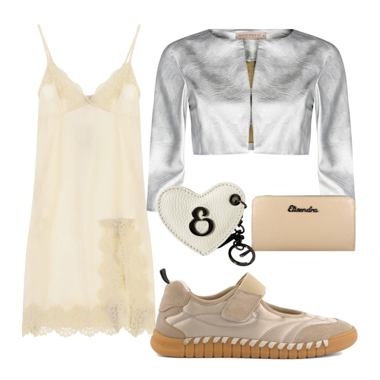 Outfit donna - Nozze d’argento chic. Stile Chic per Cerimonia. Abbinamento con vestiti corti, bolero, portachiavi, portafogli, ballerine.