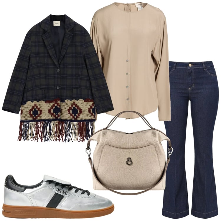 Outfit donna - Total look #2469334. Stile Etnico per Tutti i giorni. Abbinamento con camicie, blazer, jeans a zampa, borse a mano, sneakers.