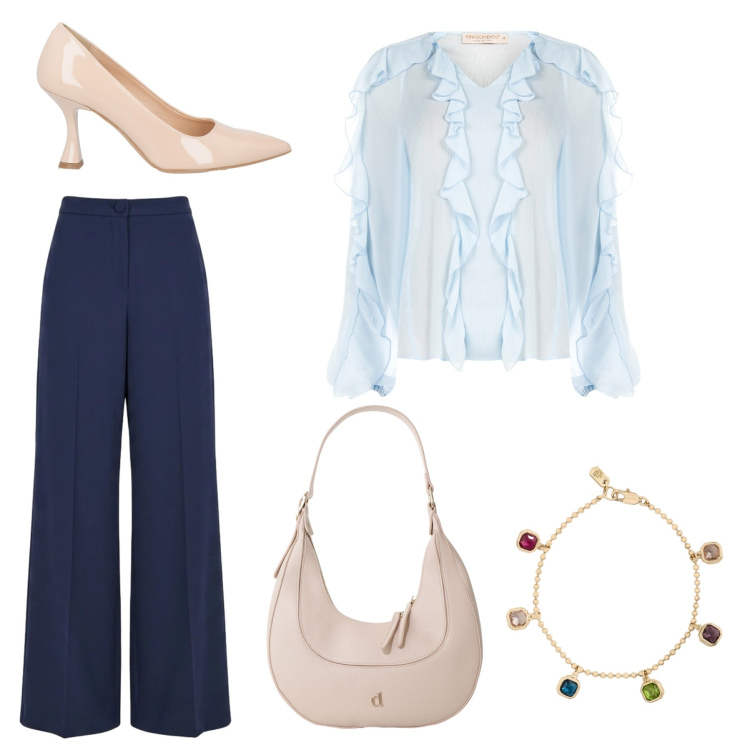 Outfit donna - Office day. Abbinamento con décolleté, borse a tracolla, bluse, pantaloni a palazzo, braccialetti.