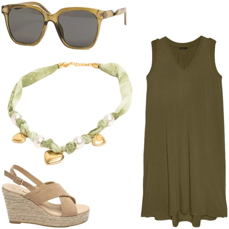 Outfit donna - Con la testa in vacanza. Stile Casual chic per Ufficio. Abbinamento con sandali col tacco, vestiti lunghi, collane, occhiali da sole.
